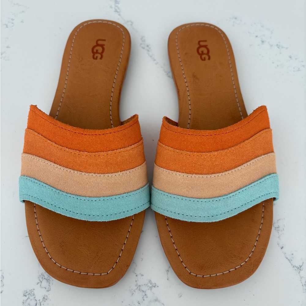 UGG Ximena slides sandals size 8 suede multi stripes in mandarin and sky